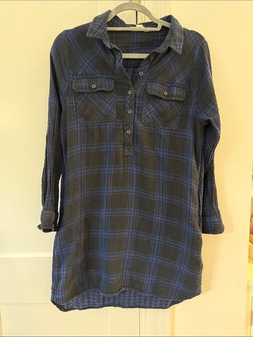 beachlunchlounge Blue and Black Plaid Button Henley shirt dress